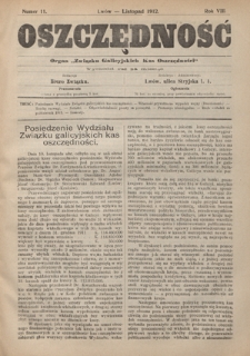Oszczędność: organ Związku Galicyjskich Kas Oszczędności : wychodzi raz na miesiąc R. 8, nr 11 (listopad 1912)