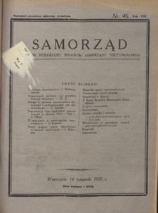 Samorząd : tygodnik poświęcony sprawom samorządu terytorialnego. R. 8, nr 46 (14 listopada 1926)