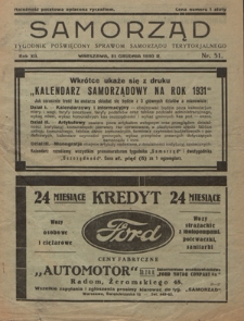 Samorząd : tygodnik poświęcony sprawom samorządu terytorialnego. R. 12, nr 51 (21 grudnia 1930)