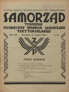Samorząd : tygodnik poświęcony sprawom samorządu terytorialnego. R. 21, nr 35 (27 sierpnia 1939)
