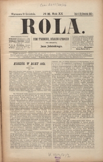 Rola : pismo tygodniowe, społeczno-literackie R. 20, Nr 16 (6/19 kwietnia 1902)