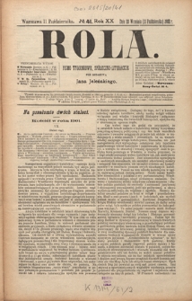 Rola : pismo tygodniowe, społeczno-literackie R. 20, Nr 41 (28 września/11 października 1902)