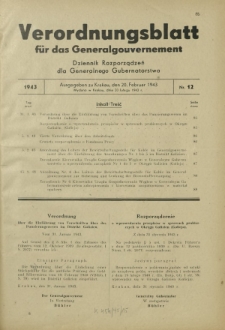 Verordnungsblatt für das Generalgouvernement = Dziennik Rozporządzeń dla Generalnego Gubernatorstwa. 1943, Nr. 12 (20. Februar)