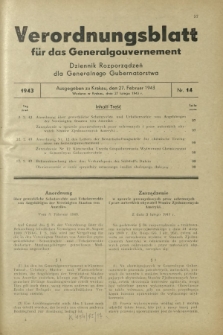 Verordnungsblatt für das Generalgouvernement = Dziennik Rozporządzeń dla Generalnego Gubernatorstwa. 1943, Nr. 14 (27. Februar)