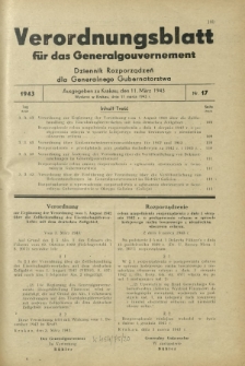 Verordnungsblatt für das Generalgouvernement = Dziennik Rozporządzeń dla Generalnego Gubernatorstwa. 1943, Nr. 17 (11. März)
