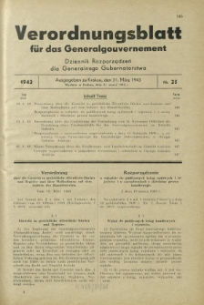 Verordnungsblatt für das Generalgouvernement = Dziennik Rozporządzeń dla Generalnego Gubernatorstwa. 1943, Nr. 25 (31. März)