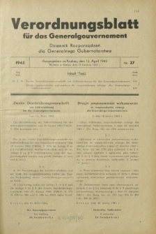 Verordnungsblatt für das Generalgouvernement = Dziennik Rozporządzeń dla Generalnego Gubernatorstwa. 1943, Nr. 27 (12. April )