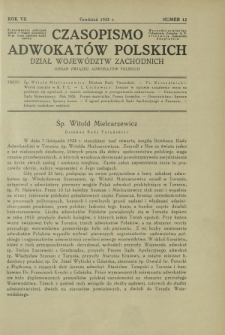 Czasopismo Adwokatów Polskich : Dział Województw Zachodnich : organ Związku Adwokatów Polskich. R. 7, nr 12 (grudzień 1933)
