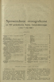 Sprawozdanie Stenograficzne z 145 Posiedzenia Sejmu Ustawodawczego z dnia 7 maja 1920 r.