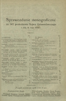 Sprawozdanie Stenograficzne z 147 Posiedzenia Sejmu Ustawodawczego z dnia 14 maja 1920 r.