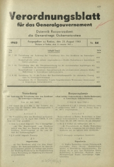 Verordnungsblatt für das Generalgouvernement = Dziennik Rozporządzeń dla Generalnego Gubernatorstwa. 1943, Nr. 64 (23. August)