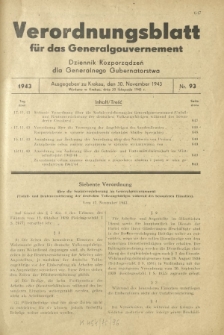 Verordnungsblatt für das Generalgouvernement = Dziennik Rozporządzeń dla Generalnego Gubernatorstwa. 1943, Nr. 93 (30. November)