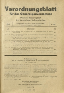 Verordnungsblatt für das Generalgouvernement = Dziennik Rozporządzeń dla Generalnego Gubernatorstwa. 1943, Nr. 94 (8. Dezember)