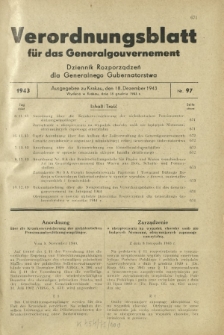 Verordnungsblatt für das Generalgouvernement = Dziennik Rozporządzeń dla Generalnego Gubernatorstwa. 1943, Nr. 97 (18. Dezember)
