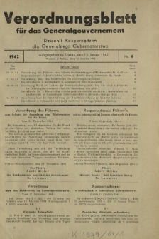 Verordnungsblatt für das Generalgouvernement = Dziennik Rozporządzeń dla Generalnego Gubernatorstwa. 1942, Nr. 4 (13. Januar)