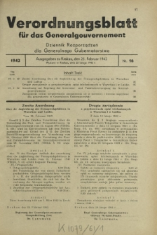 Verordnungsblatt für das Generalgouvernement = Dziennik Rozporządzeń dla Generalnego Gubernatorstwa. 1942, Nr. 16 (25. Februar)