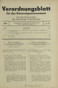 Verordnungsblatt für das Generalgouvernement = Dziennik Rozporządzeń dla Generalnego Gubernatorstwa. 1942, Nr. 17 (26. Februar)