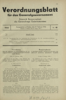 Verordnungsblatt für das Generalgouvernement = Dziennik Rozporządzeń dla Generalnego Gubernatorstwa. 1942, Nr. 18 (27. Februar)