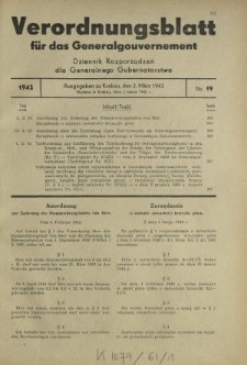 Verordnungsblatt für das Generalgouvernement = Dziennik Rozporządzeń dla Generalnego Gubernatorstwa. 1942, Nr. 19 (2. März)
