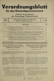 Verordnungsblatt für das Generalgouvernement = Dziennik Rozporządzeń dla Generalnego Gubernatorstwa. 1942, Nr. 20 (9. März)