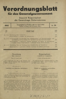 Verordnungsblatt für das Generalgouvernement = Dziennik Rozporządzeń dla Generalnego Gubernatorstwa. 1942, Nr. 31 (20. April)