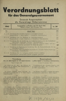 Verordnungsblatt für das Generalgouvernement = Dziennik Rozporządzeń dla Generalnego Gubernatorstwa. 1942, Nr. 34 (30. April)