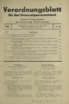 Verordnungsblatt für das Generalgouvernement = Dziennik Rozporządzeń dla Generalnego Gubernatorstwa. 1942, Nr. 35 (7. Mai)