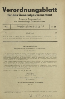 Verordnungsblatt für das Generalgouvernement = Dziennik Rozporządzeń dla Generalnego Gubernatorstwa. 1942, Nr. 38 (14. Mai)