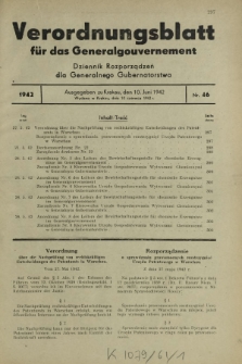 Verordnungsblatt für das Generalgouvernement = Dziennik Rozporządzeń dla Generalnego Gubernatorstwa. 1942, Nr. 46 (10. Juni)