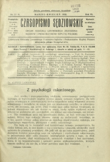 Czasopismo Sędziowskie : organ Oddziału Lwowskiego Zrzeszenia Sędziów i Prokuratorów Rzpltej Polskiej. R. 6, nr 3-4 (marzec-kwiecień 1932)