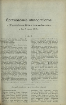 Sprawozdanie Stenograficzne z 10 Posiedzenia Sejmu Ustawodawczego z dnia 5 marca 1919 r.