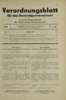 Verordnungsblatt für das Generalgouvernement = Dziennik Rozporządzeń dla Generalnego Gubernatorstwa. 1942, Nr. 51 (24. Juni)