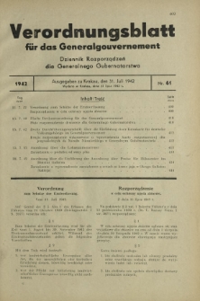 Verordnungsblatt für das Generalgouvernement = Dziennik Rozporządzeń dla Generalnego Gubernatorstwa. 1942, Nr. 61 (31. Juli)
