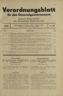 Verordnungsblatt für das Generalgouvernement = Dziennik Rozporządzeń dla Generalnego Gubernatorstwa. 1942, Nr. 62 (1. August)