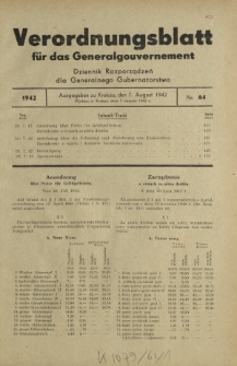 Verordnungsblatt für das Generalgouvernement = Dziennik Rozporządzeń dla Generalnego Gubernatorstwa. 1942, Nr. 64 (7. August)