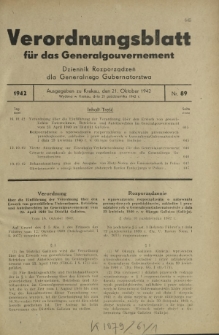 Verordnungsblatt für das Generalgouvernement = Dziennik Rozporządzeń dla Generalnego Gubernatorstwa. 1942, Nr. 89 (21. Oktober)