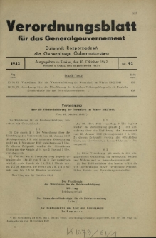 Verordnungsblatt für das Generalgouvernement = Dziennik Rozporządzeń dla Generalnego Gubernatorstwa. 1942, Nr. 92 (30. Oktober)