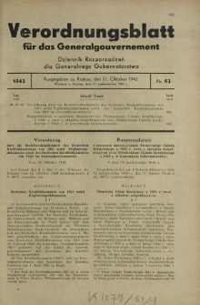 Verordnungsblatt für das Generalgouvernement = Dziennik Rozporządzeń dla Generalnego Gubernatorstwa. 1942, Nr. 93 (31. Oktober)