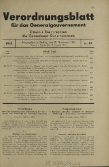 Verordnungsblatt für das Generalgouvernement = Dziennik Rozporządzeń dla Generalnego Gubernatorstwa. 1942, Nr. 97 (10. November)