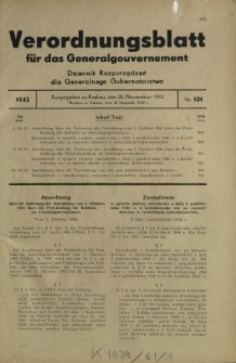 Verordnungsblatt für das Generalgouvernement = Dziennik Rozporządzeń dla Generalnego Gubernatorstwa. 1942, Nr. 101 (28. November)