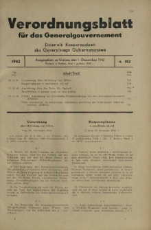 Verordnungsblatt für das Generalgouvernement = Dziennik Rozporządzeń dla Generalnego Gubernatorstwa. 1942, Nr. 103 (1. Dezember)