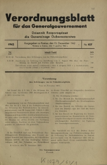 Verordnungsblatt für das Generalgouvernement = Dziennik Rozporządzeń dla Generalnego Gubernatorstwa. 1942, Nr. 107 (15. Dezember)