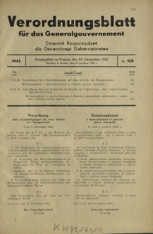 Verordnungsblatt für das Generalgouvernement = Dziennik Rozporządzeń dla Generalnego Gubernatorstwa. 1942, Nr. 109 (23. Dezember)