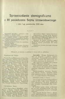 Sprawozdanie Stenograficzne z 85 Posiedzenia Sejmu Ustawodawczego z dnia 1 października 1919 r.