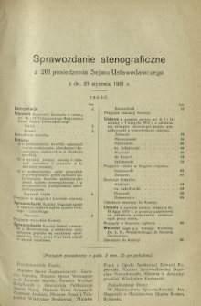 Sprawozdanie Stenograficzne z 201 Posiedzenia Sejmu Ustawodawczego z dnia 21 stycznia 1921 r.