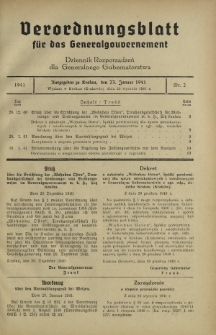 Verordnungsblatt für das Generalgouvernement = Dziennik Rozporządzeń dla Generalnego Gubernatorstwa. 1941, Nr 2 (23 Januar)