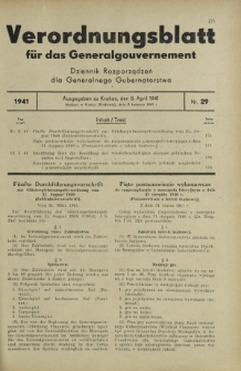 Verordnungsblatt für das Generalgouvernement = Dziennik Rozporządzeń dla Generalnego Gubernatorstwa. 1941, Nr 29 (8 April)