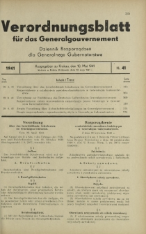 Verordnungsblatt für das Generalgouvernement = Dziennik Rozporządzeń dla Generalnego Gubernatorstwa. 1941, Nr 41 (10 Mai)
