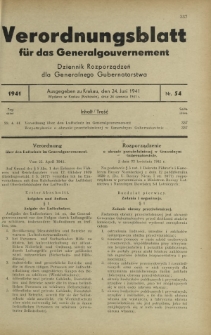 Verordnungsblatt für das Generalgouvernement = Dziennik Rozporządzeń dla Generalnego Gubernatorstwa. 1941, Nr 54 (24 Juni)