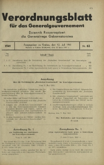 Verordnungsblatt für das Generalgouvernement = Dziennik Rozporządzeń dla Generalnego Gubernatorstwa. 1941, Nr 62 (12 Juli)